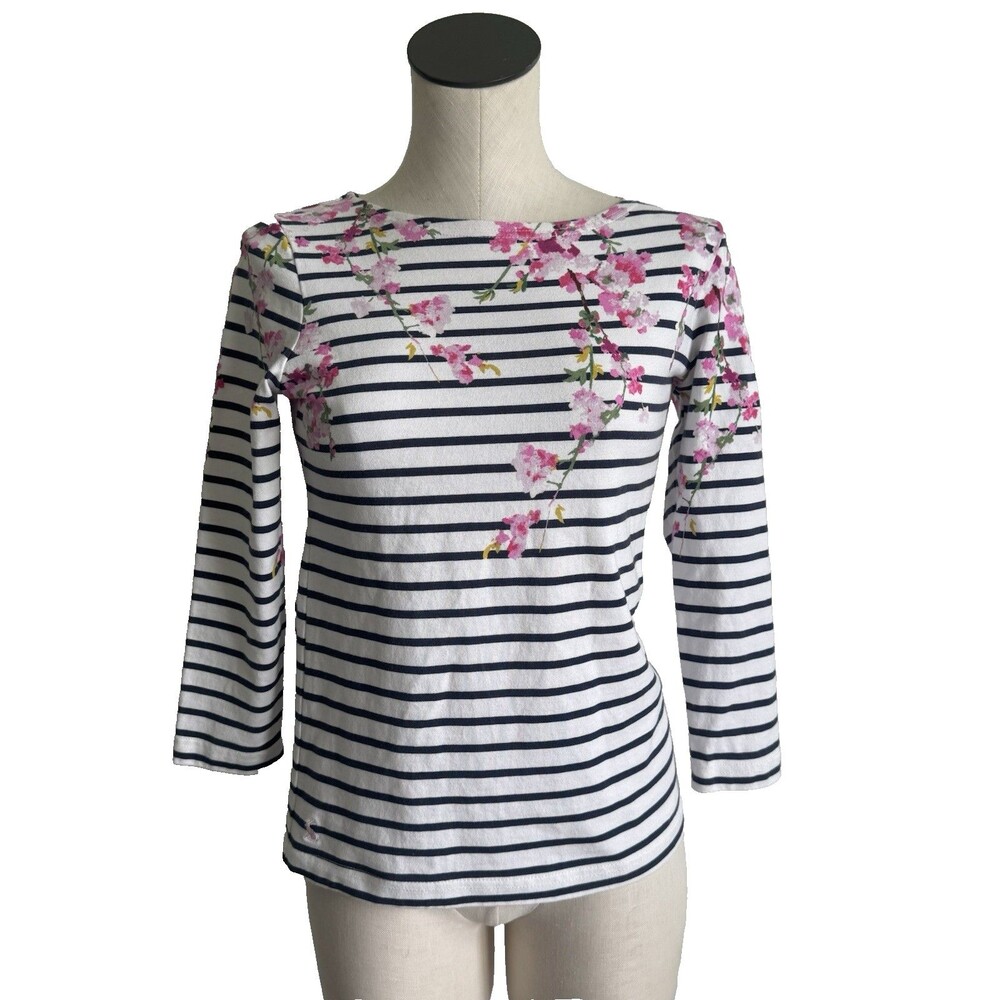 Joules Women's White Navy Stripe Pink Floral 3/4 Sleeve Harbour Top Size US 4